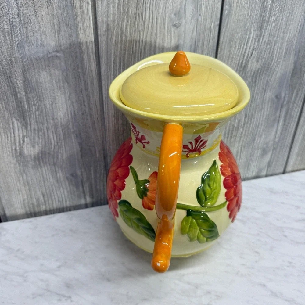 Hand Painted Ceramic Floral Pitcher with Lid Orange Flower Embossed Pottery